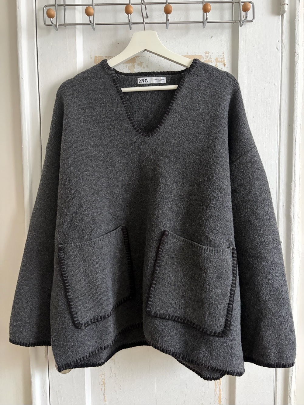 Zara Charcoal V-Neck Pocket Sweater